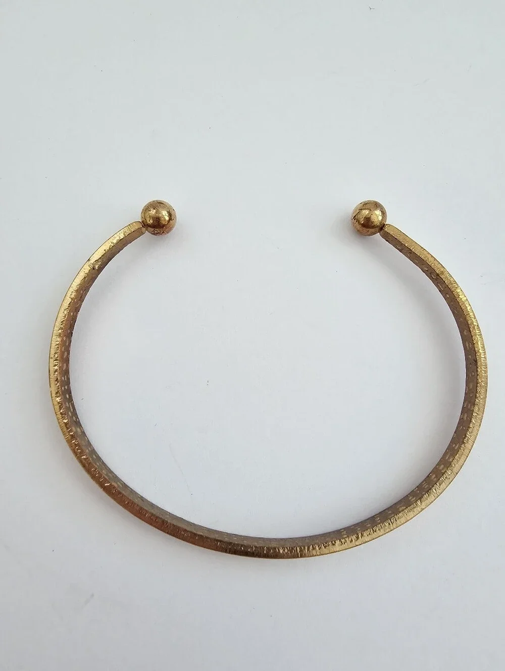 Vintage Gold Tone Love Stamped Cuff Bracelet Open Finial Ball Minimalist Message